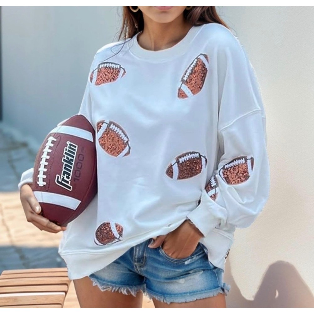 Football Sequin Sweatshirt Womens XL Oversized Gameday Crewneck White - Picture 3 of 7